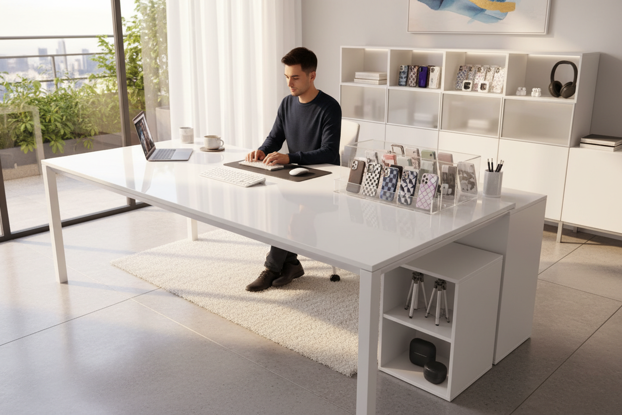 Un auperbe elegant d'un table bureautique blanc décrivant la beauté du télétravail, qui a des coques, chargeurs, trépieds ecouteurs et casque rangement à droite de la personne qui travaille sur la table. Un image magnifique et légendaire 